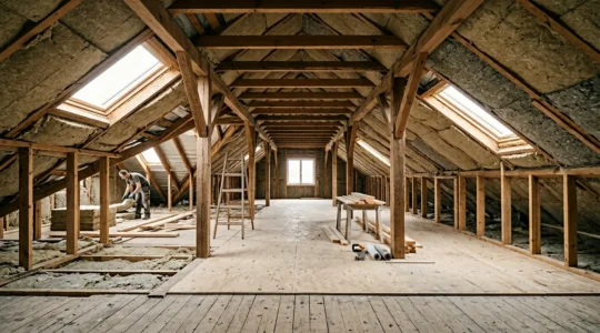 Détail architectural d'une maison en cours de rénovation thermique illustrant les économies d'énergie
