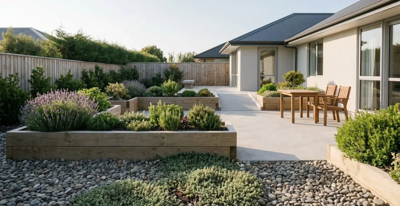 Vue d'ensemble minimaliste d'un jardin de maison plain-pied aménagé avec potager surélevé et terrasse spacieuse dans une lumière naturelle douce