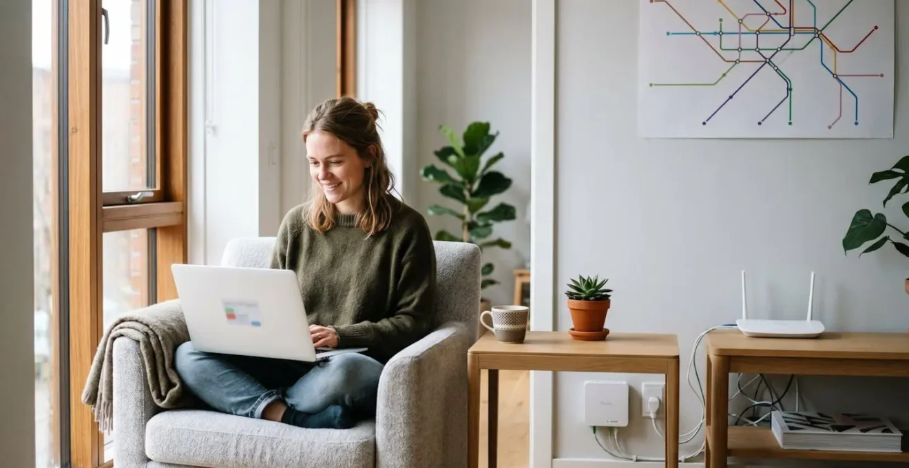 Jeune professionnel dans un appartement moderne bien équipé et connecté