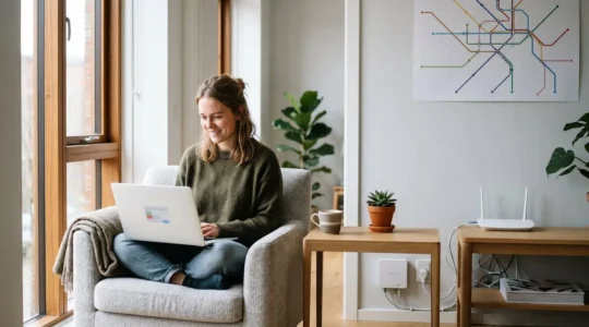 Jeune professionnel dans un appartement moderne bien équipé et connecté