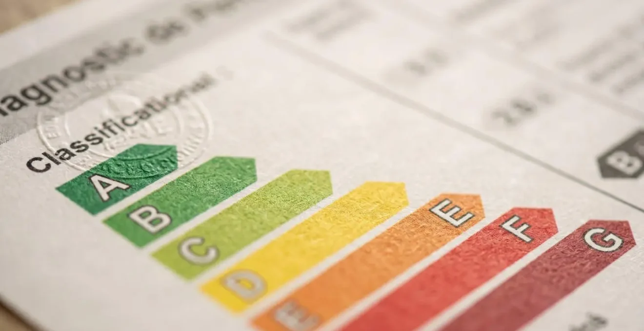 Gros plan sur un document de diagnostic de performance énergétique avec étiquettes énergétiques colorées, focus sur la section recommandations
