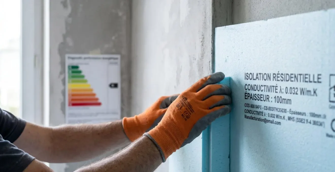 Mains d'artisan posant des panneaux d'isolation thermique bleu clair sur un mur, avec étiquette DPE visible en arrière-plan.