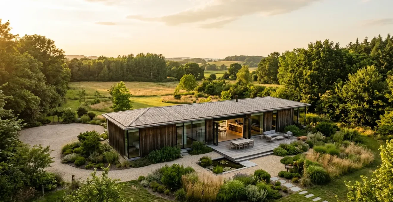 Vue aérienne grand angle d'une maison plain-pied moderne entourée d'un jardin soigné, avec espace de vie spacieux et accessibilité optimale