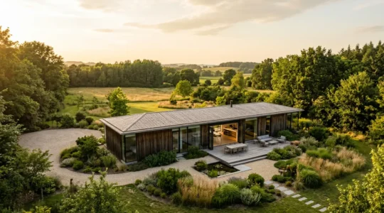 Vue aérienne grand angle d'une maison plain-pied moderne entourée d'un jardin soigné, avec espace de vie spacieux et accessibilité optimale