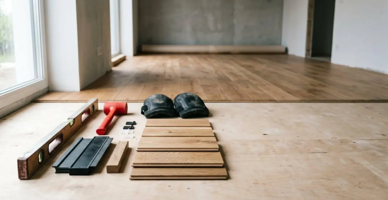 Outils professionnels pour la pose de parquet en situation de chantier