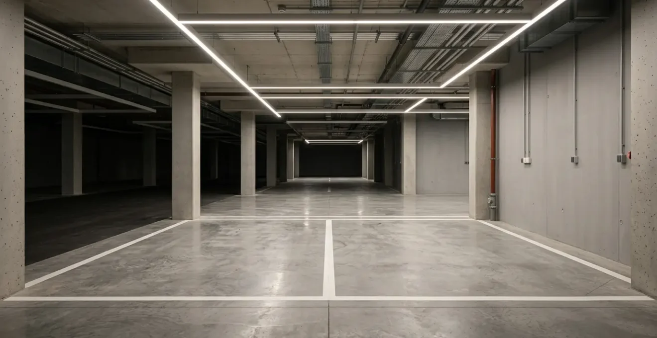 Place de parking souterrain éclairée dans un environnement résidentiel urbain moderne