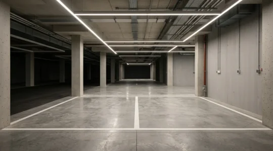 Place de parking souterrain éclairée dans un environnement résidentiel urbain moderne