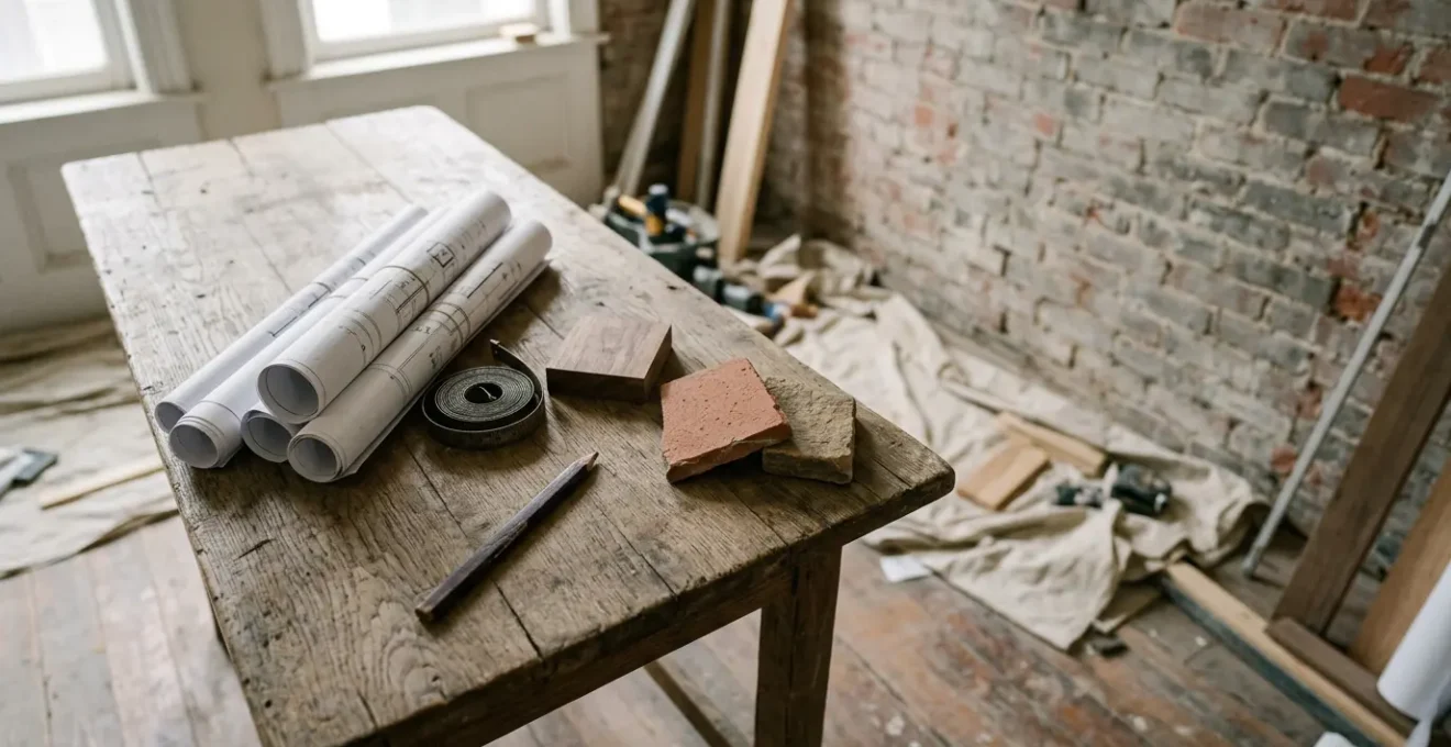 Chantier de rénovation d'appartement avec plans et outils professionnels sur table de travail