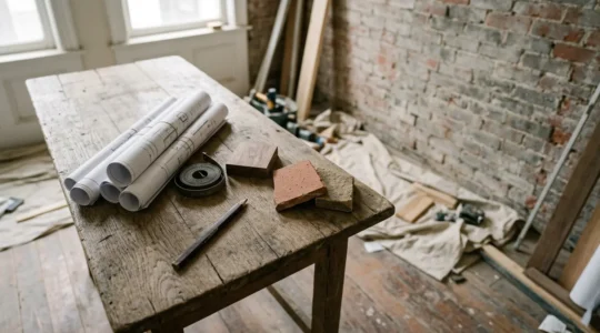 Chantier de rénovation d'appartement avec plans et outils professionnels sur table de travail