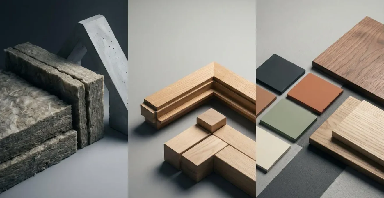 Composition symbolique représentant trois chemins de rénovation avec matériaux et éléments distincts