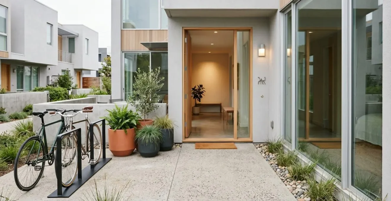 Entrée privative d'un appartement en rez-de-chaussée valorisant l'accessibilité et le confort urbain