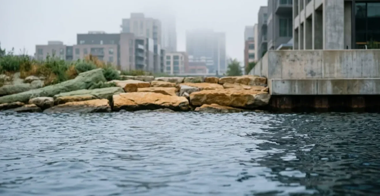 Environnement naturel illustrant la relation entre l'eau et l'habitat urbain