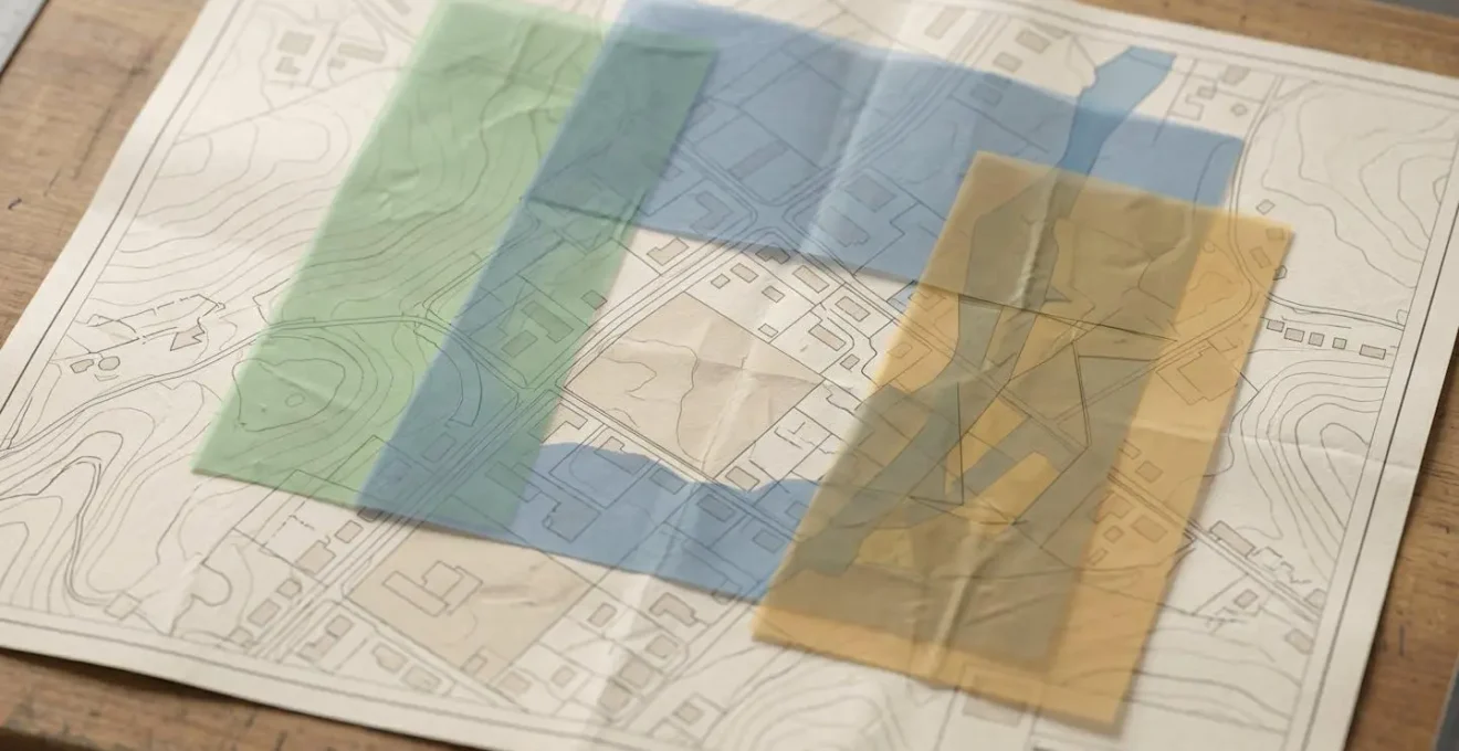 Vue aérienne d'une parcelle cadastrale avec superposition de couches de données urbanistiques