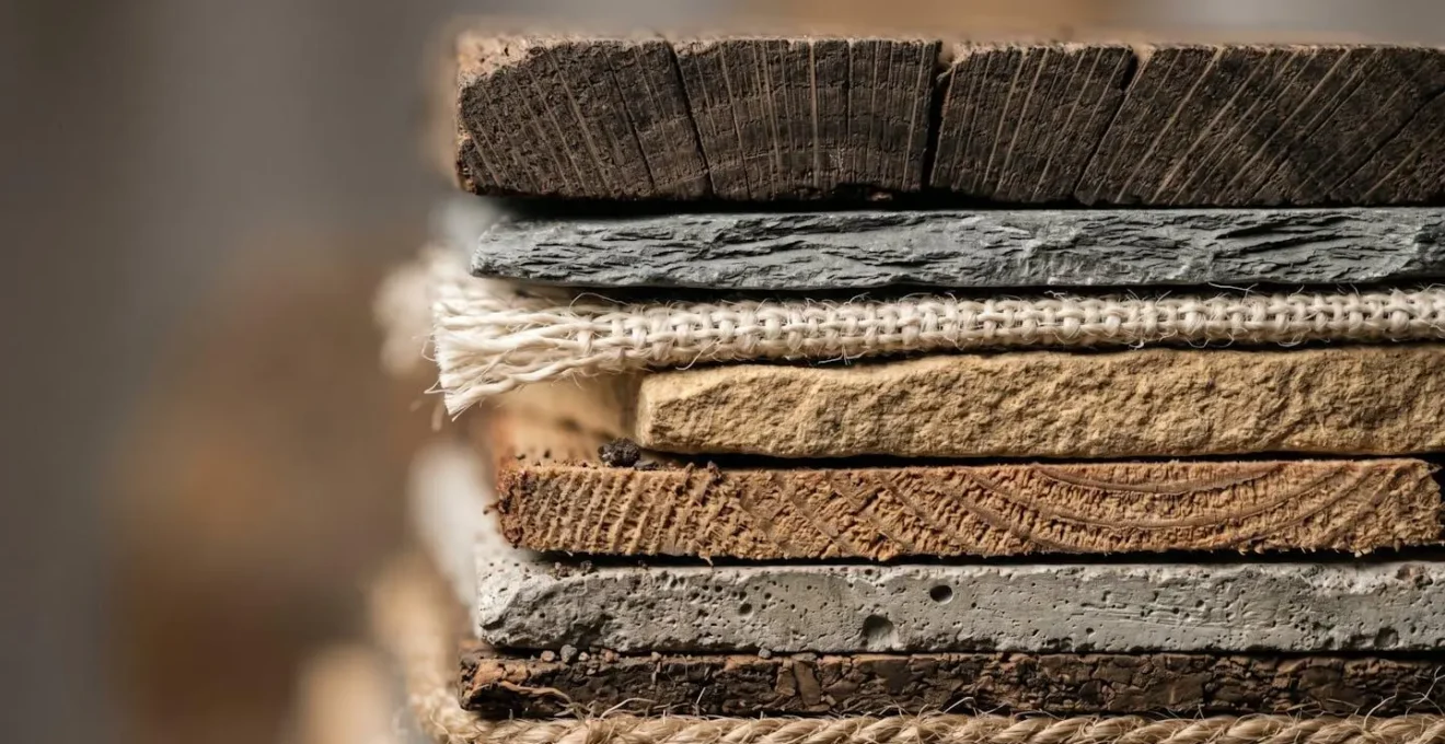 Détail macro de surfaces texturées superposées évoquant les strates de coûts cachés d'un projet immobilier