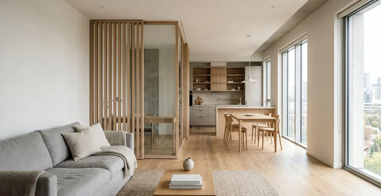 Intérieur d'appartement moderne avec espace optimisé et ambiance lumineuse évoquant la transformation immobilière