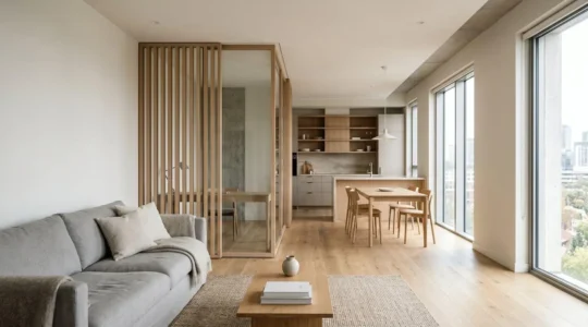 Intérieur d'appartement moderne avec espace optimisé et ambiance lumineuse évoquant la transformation immobilière