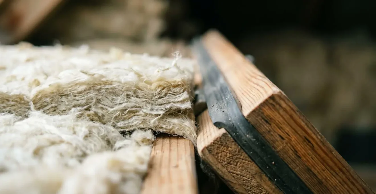 Détail rapproché d'une trappe de combles isolée avec joint d'étanchéité et matériaux isolants visibles