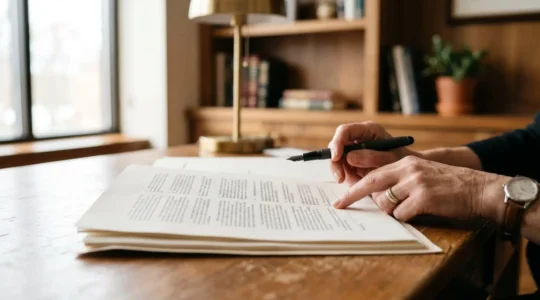 Vérification minutieuse de documents juridiques avant signature d'un acte immobilier