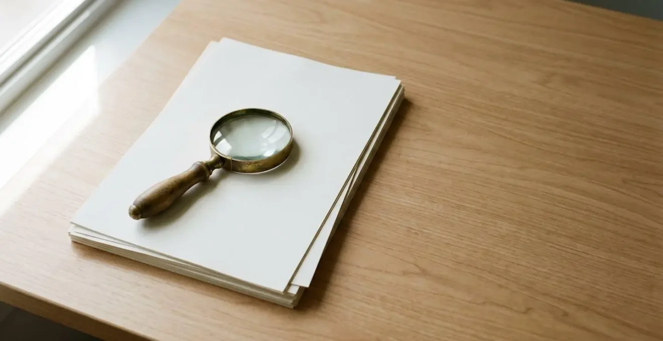 Pile de documents administratifs de copropriété avec loupe posée dessus, vue en plongée