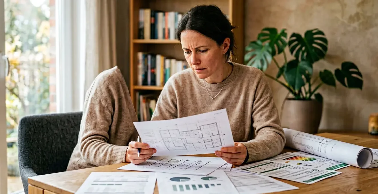Propriétaire consultant des documents techniques et diagnostics immobiliers dans un espace lumineux, avec plans et certificats sur une table en bois