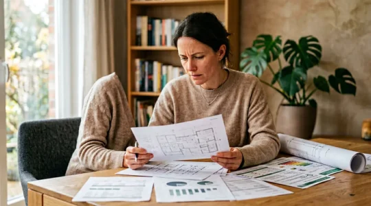 Propriétaire consultant des documents techniques et diagnostics immobiliers dans un espace lumineux, avec plans et certificats sur une table en bois