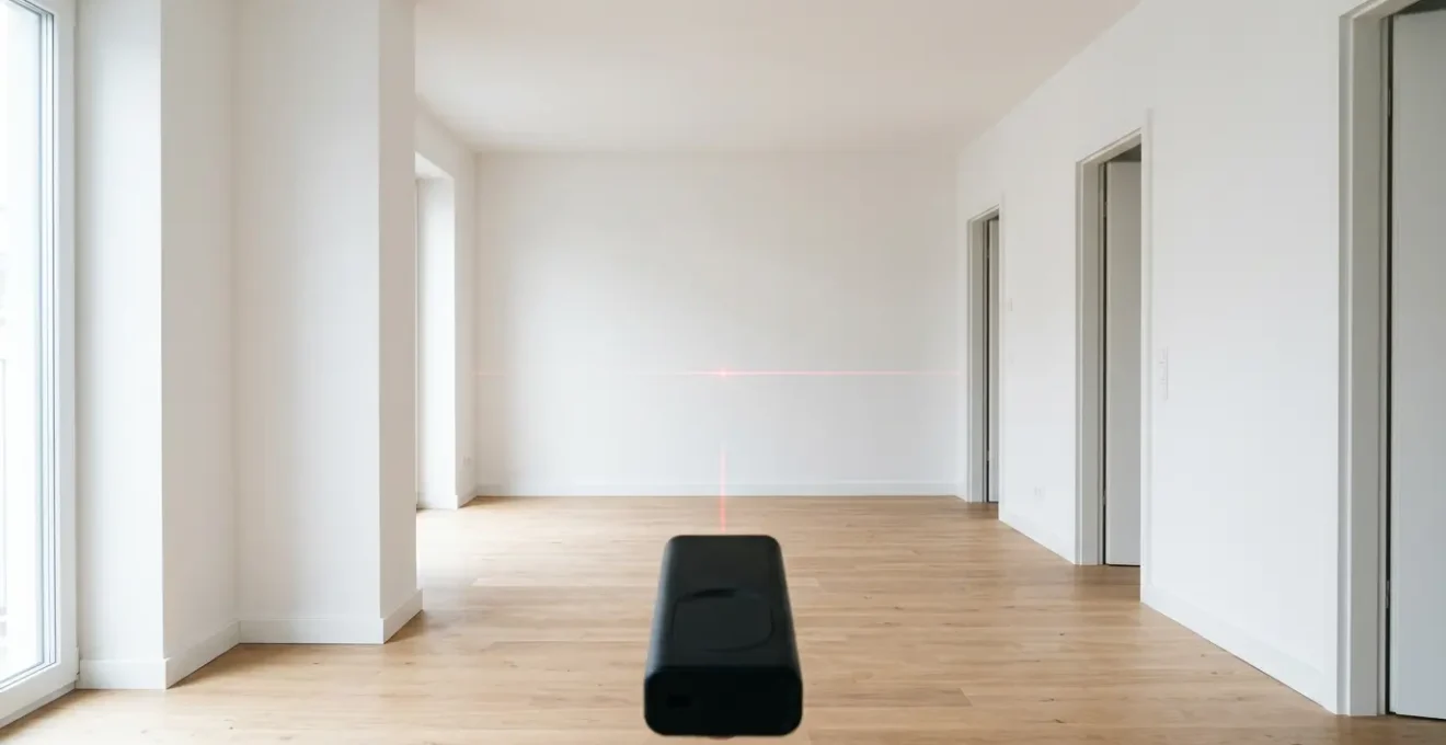 Mesure précise d'un espace intérieur avec mètre laser dans un appartement lumineux