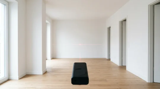 Mesure précise d'un espace intérieur avec mètre laser dans un appartement lumineux