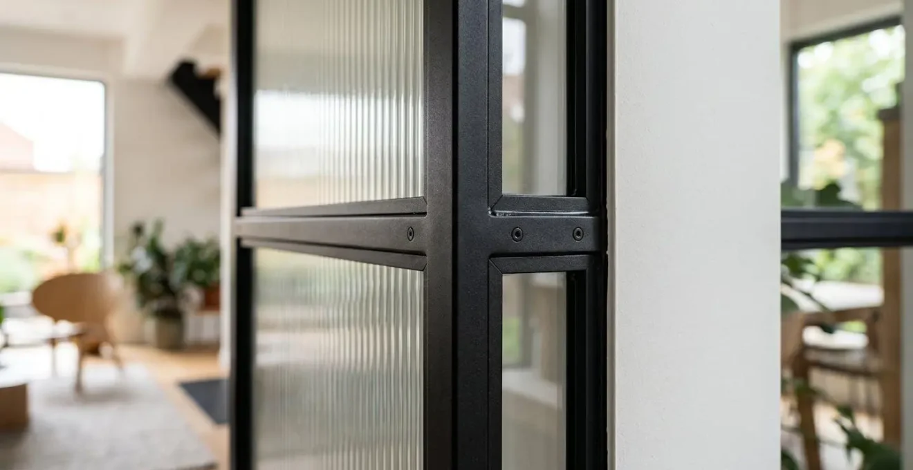 Détail d'une verrière intérieure moderne séparant un espace chambre