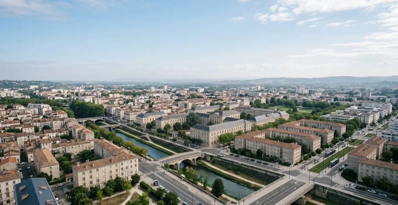 Vue aérienne minimaliste d'un paysage urbain français avec architecture universitaire et espaces de vie étudiante
