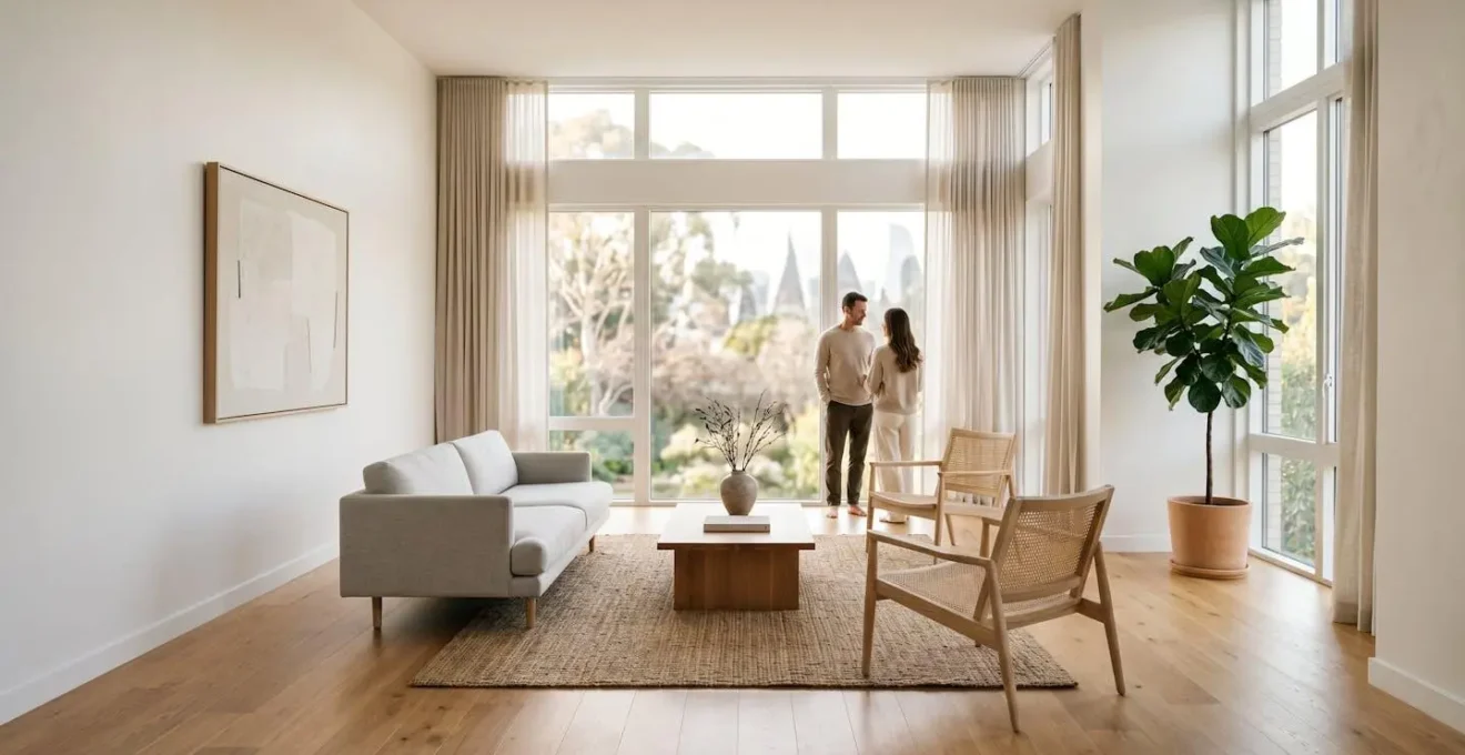 Atmosphère chaleureuse d'une visite d'appartement favorisant la projection des acheteurs