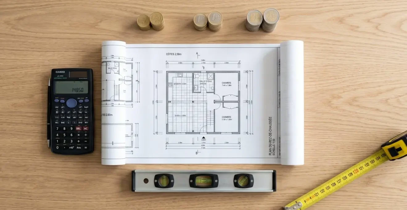 Vue aérienne d'une table de travail avec plans d'architecte, calculatrice, trois tas de pièces d'euros et outils de mesure organisés.
