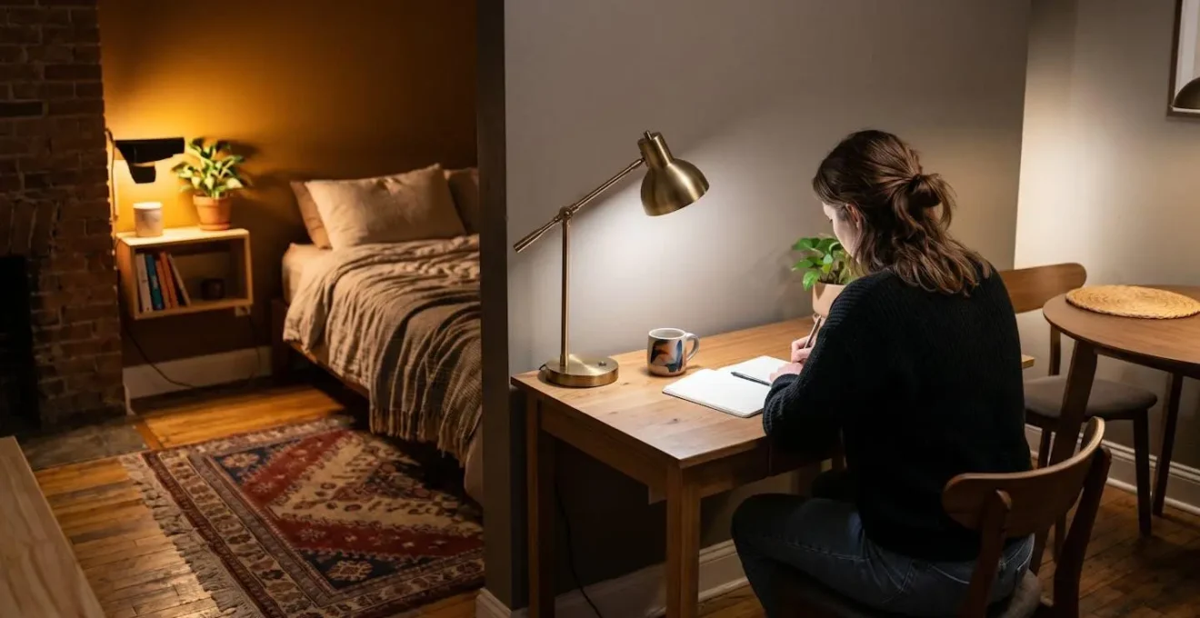 Aménagement de studio avec zonage visuel créé par l'éclairage et les couleurs sans cloisons physiques