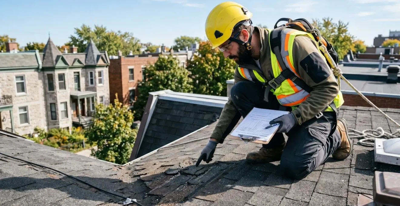 Inspecteur en bâtiment sur le toit d'une maison à Montréal vérifiant l'état de la couverture