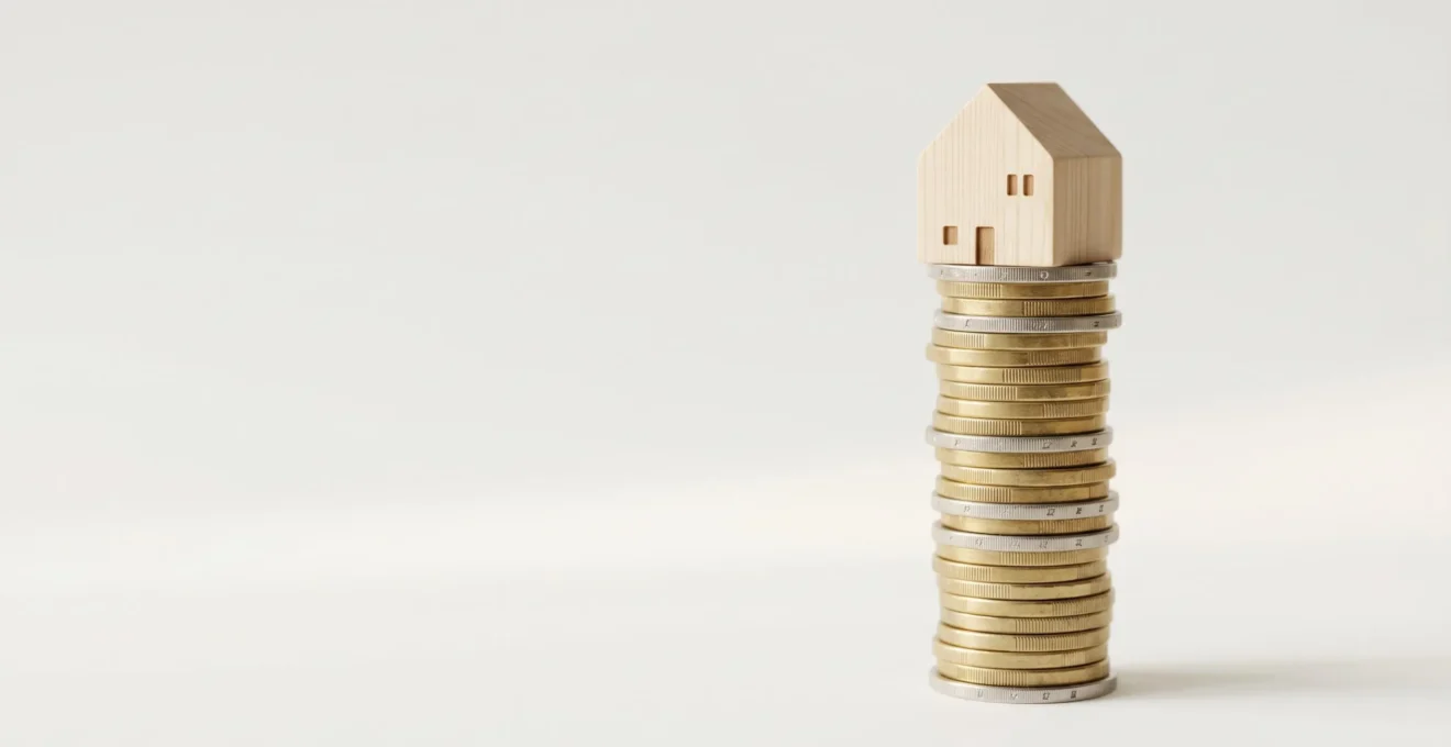 Une pile de pièces de monnaie en euros formant une colonne verticale avec une petite maison miniature en bois au sommet, symbolisant l'épargne progressive menant au projet immobilier.