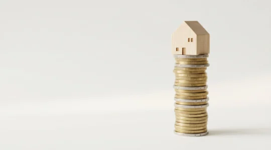 Une pile de pièces de monnaie en euros formant une colonne verticale avec une petite maison miniature en bois au sommet, symbolisant l'épargne progressive menant au projet immobilier.