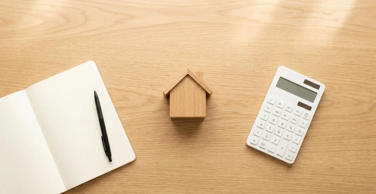 Vue de dessus d'une table en bois avec une maison miniature, un carnet et une calculatrice, symbolisant la planification d'une stratégie de financement immobilier.