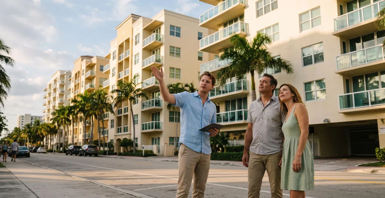Un agent immobilier montre des immeubles résidentiels à un couple d'investisseurs dans un quartier de Miami.