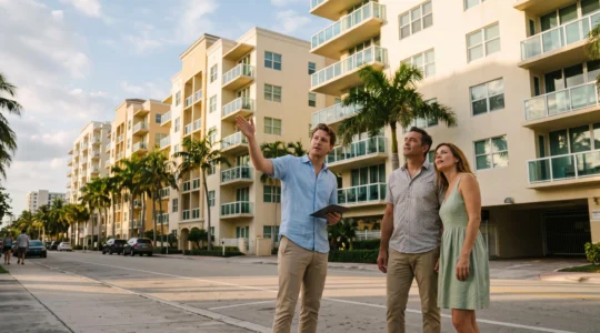 Un agent immobilier montre des immeubles résidentiels à un couple d'investisseurs dans un quartier de Miami.