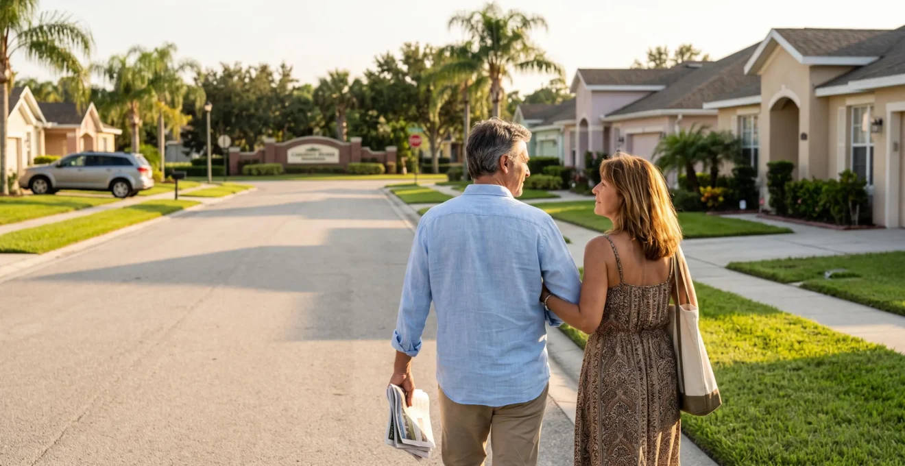 Un couple visite une rue résidentielle d'une communauté de maisons de vacances près d'Orlando en fin de journée.