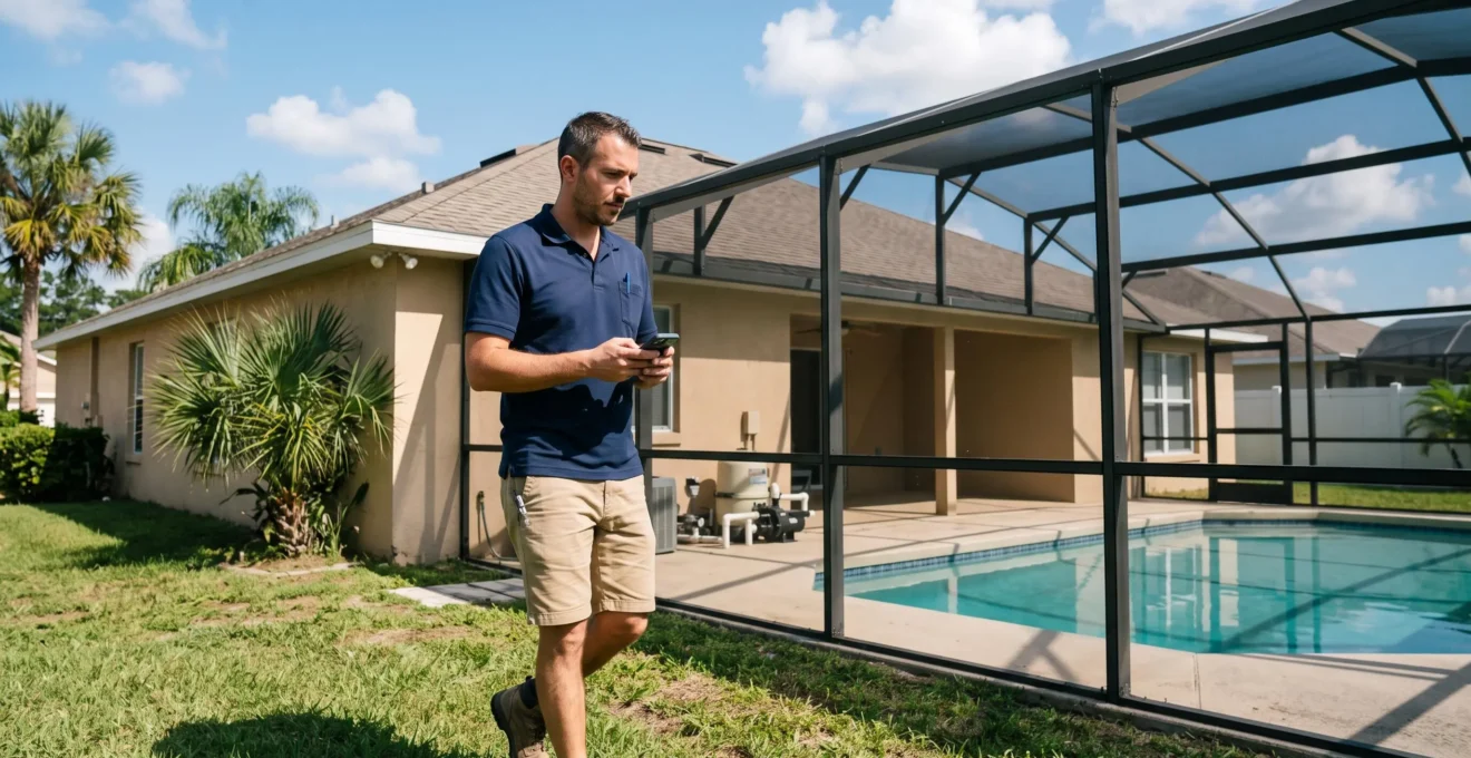 Un gestionnaire locatif inspecte la piscine et le jardin d'une maison de vacances près d'Orlando.