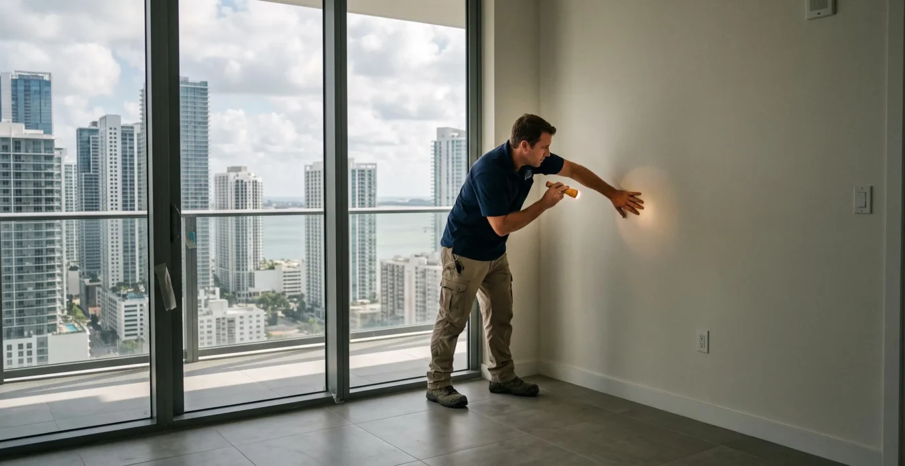 Un inspecteur examine les murs et la fenêtre d'un appartement vide avec vue sur les tours de Miami.