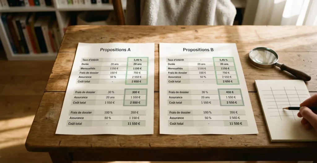 Deux propositions de crédit placées côte à côte pour comparaison de leurs conditions Deux propositions de crédit placées côte à côte pour comparaison de leurs conditions