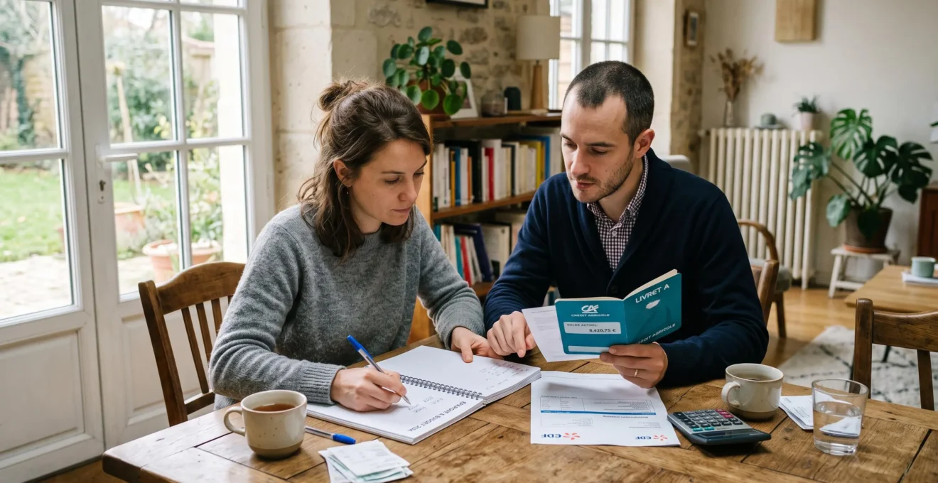 Un couple examine un livret d'épargne et des documents à sa table.
