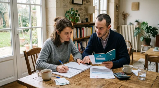 Un couple examine un livret d'épargne et des documents à sa table.