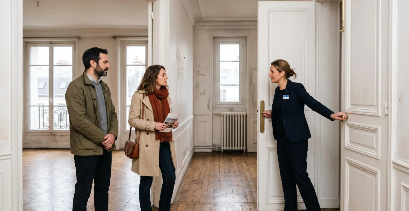 Un couple visite un appartement avec un agent immobilier pendant une journée.
